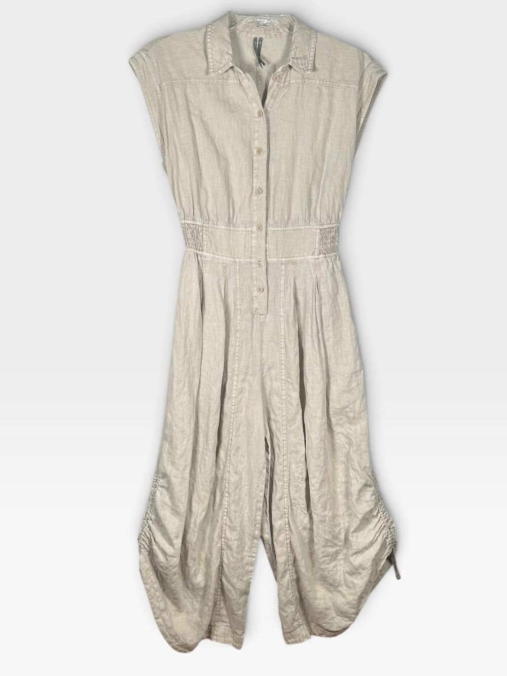 Anthropologie Linen Shirting Barrel Leg Cropped Putty Oatmeal Jumpsuit M - Picture 3 of 12